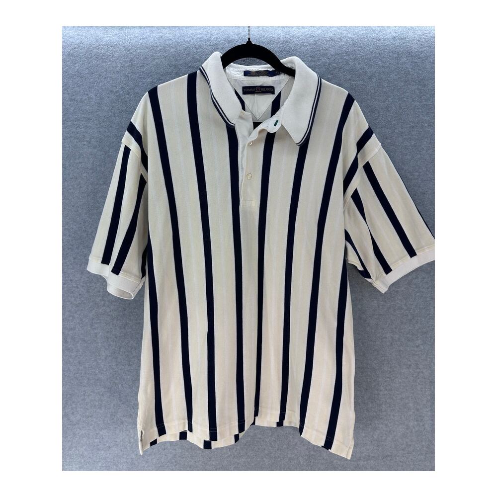 VTG Tommy Hilfiger Mens XL Navy White Cream Striped Polo 100% Cotton 90s Y2K